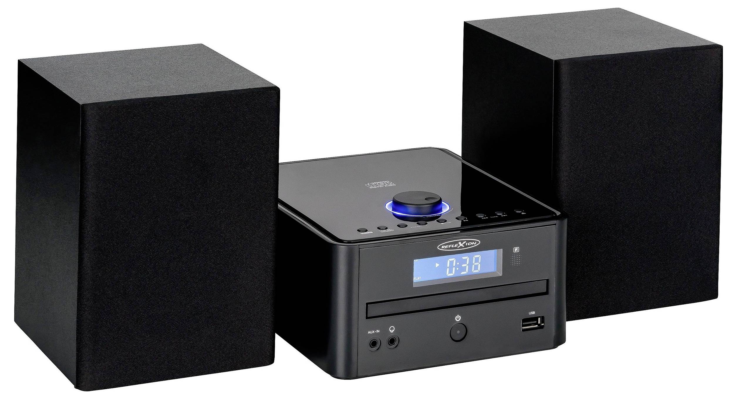 Black stereo system with two speakers and a central CD player/radio showing 0:38 on the display.
