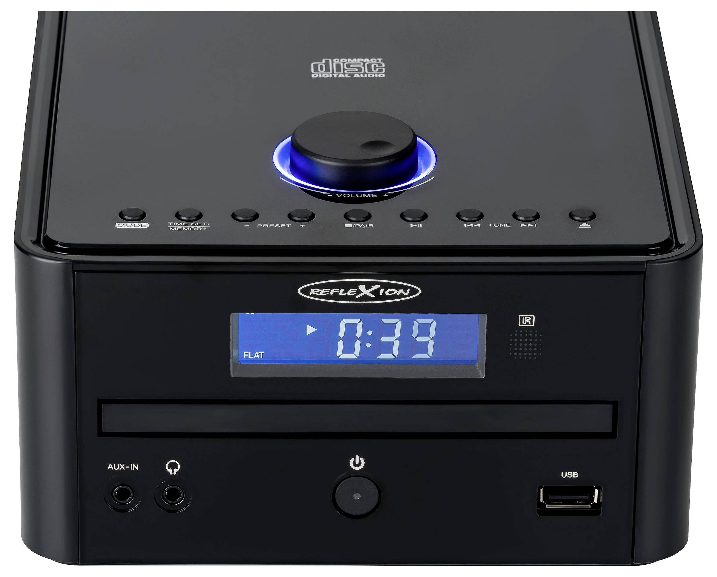 Black Reflexion stereo system with top volume knob, blue digital display showing 0:39, CD slot, AUX-in, headphone jack, power button, and USB port.