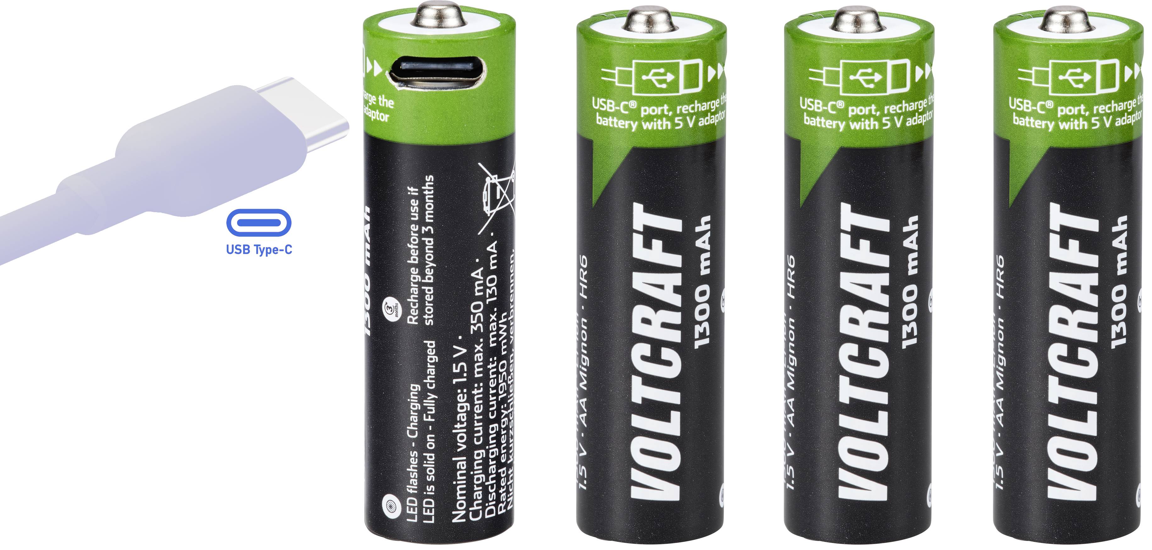 Four rechargeable Voltcraft AA batteries with a USB-C port for charging. A USB-C cable is positioned to the left of them.