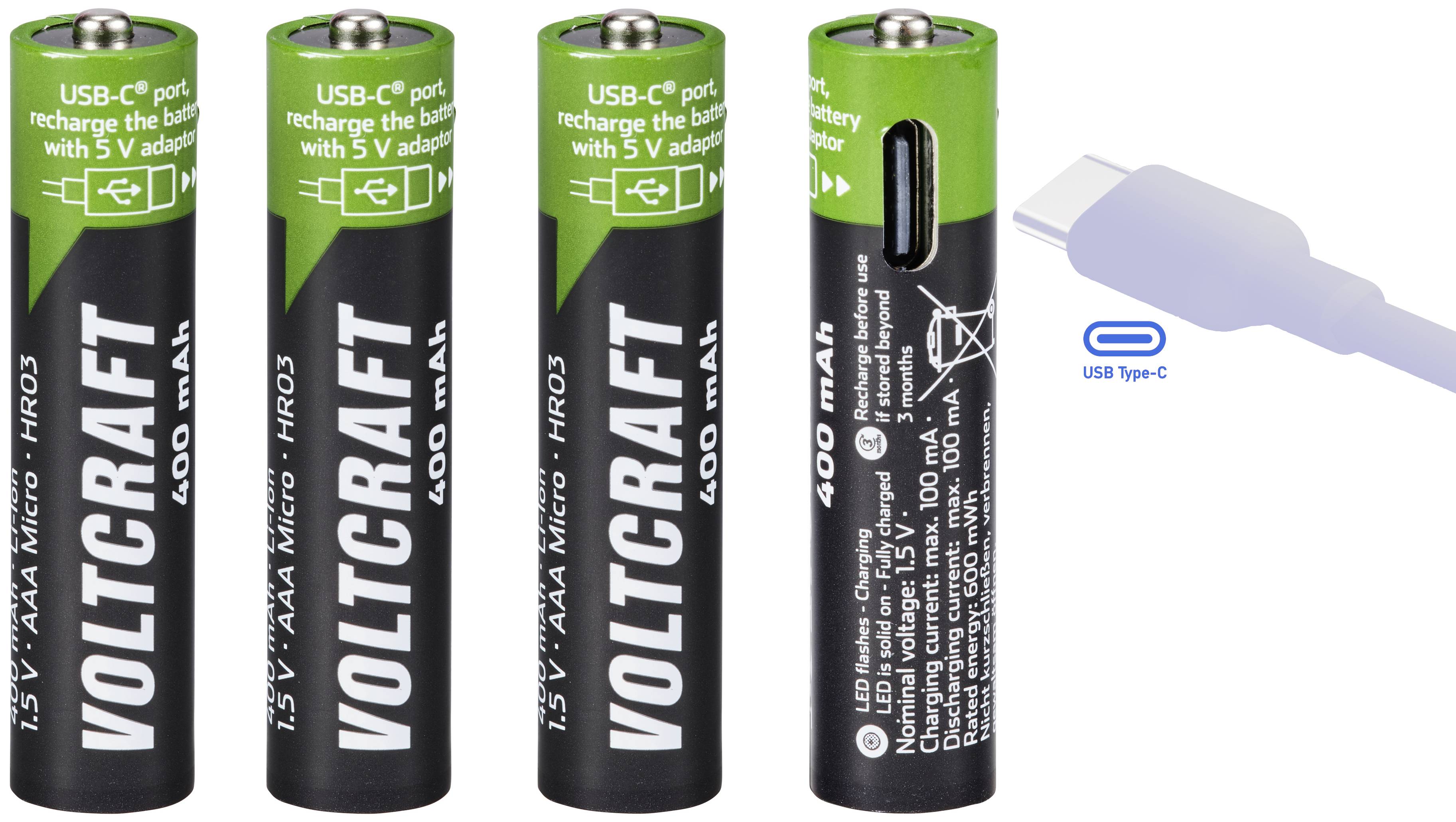 Four rechargeable Voltcraft AAA batteries with USB-C charging port. A USB-C plug is shown alongside the batteries.