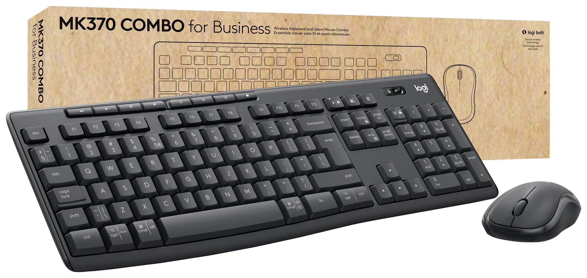 Black wireless keyboard and mouse set positioned in front of a cardboard box labelled 'MK370 COMBO for Business', ideal for office applications.