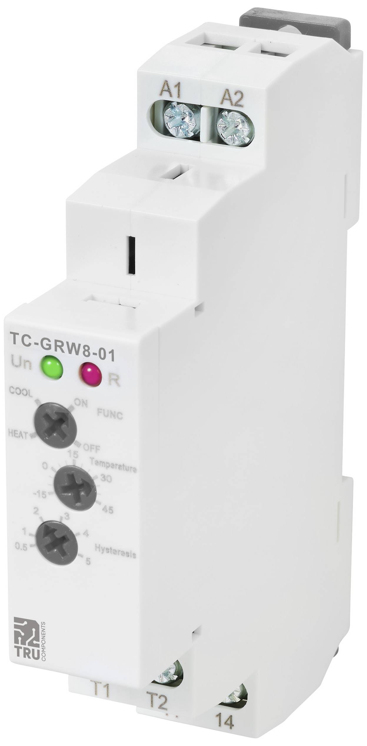 A white electronic thermostat switch with rotary controls and terminals, designed for DIN rail mounting.