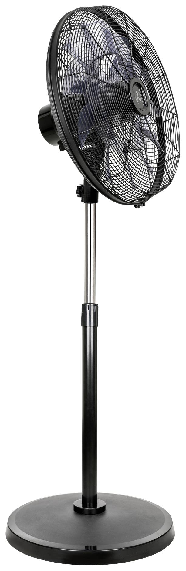 Standing fan with black grille and adjustable stand. Suitable for cooling indoor spaces.