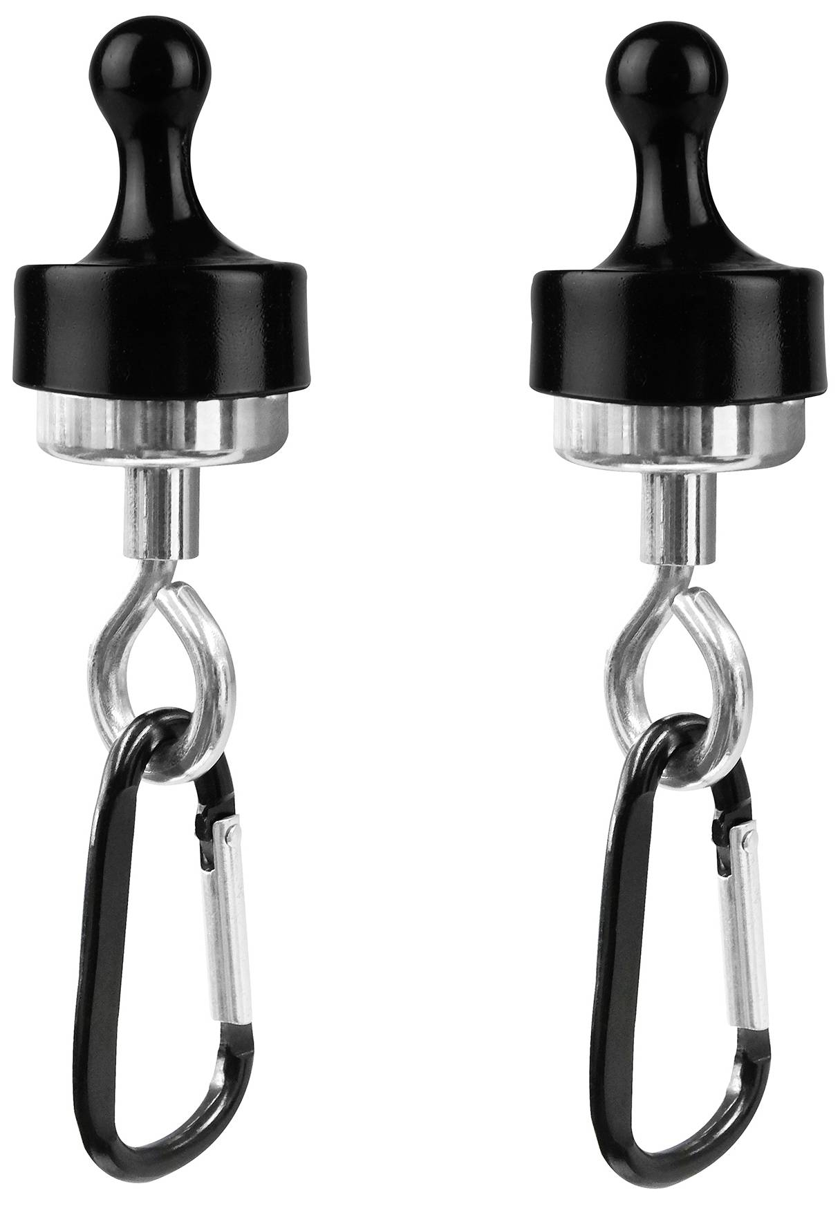 Two black magnetic hooks with carabiners, positioned parallel to each other. They are used for hanging and securing items.
