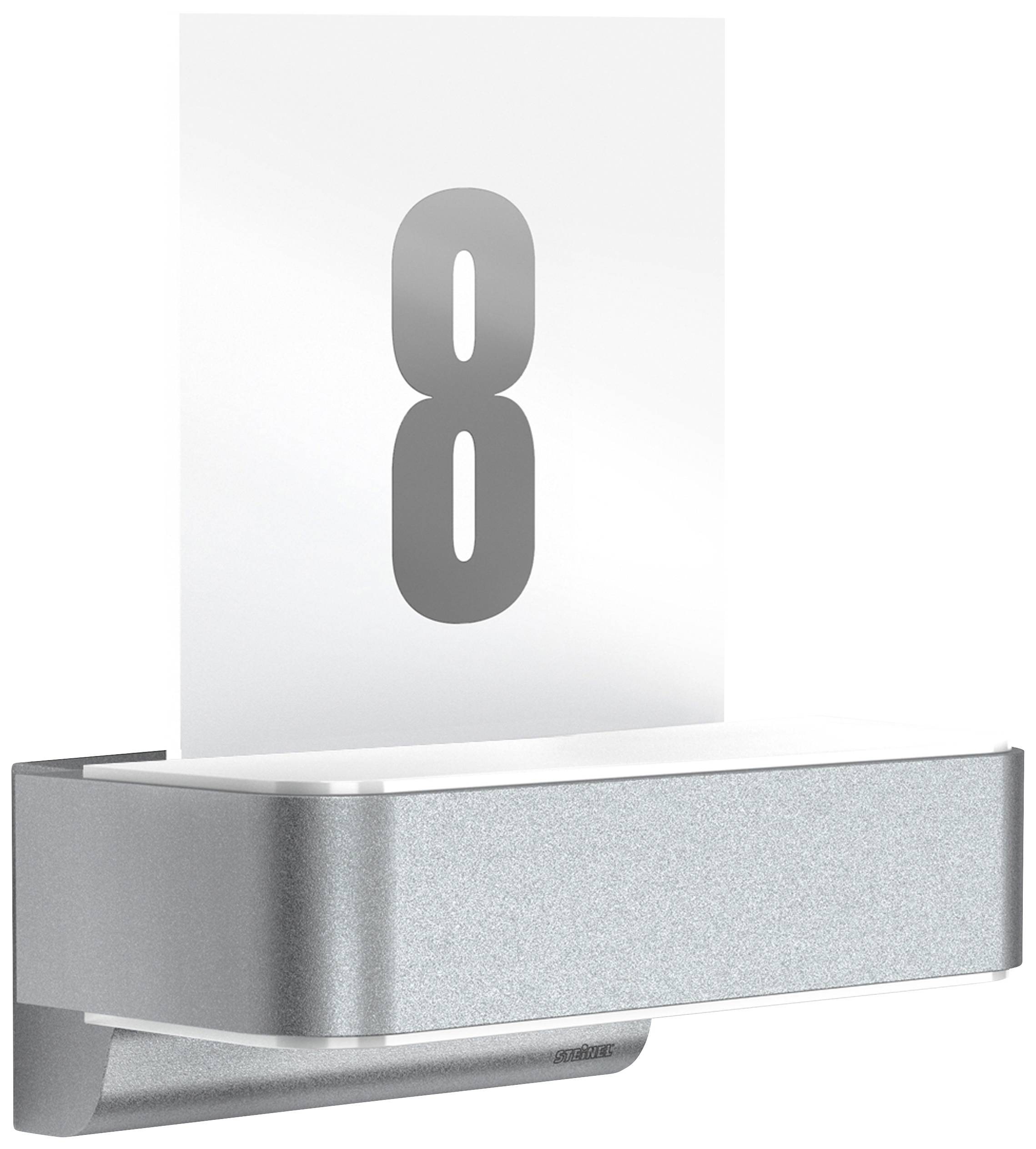 Metallic door number plate with a large, grey '8' on a transparent background, mounted on the wall.