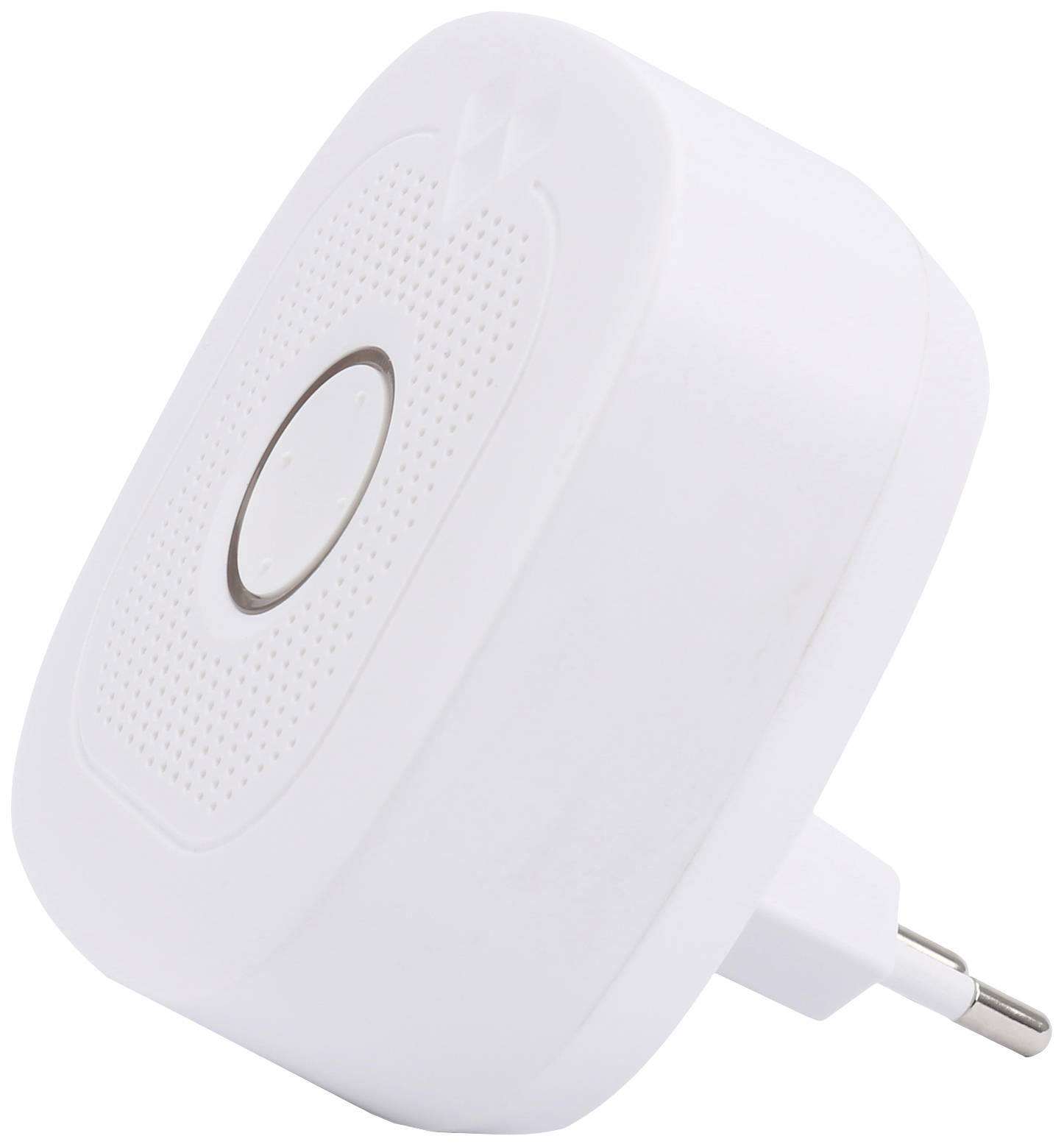 White, rectangular electronic device with a plug, presumably a socket adapter or night light, showing a central button.