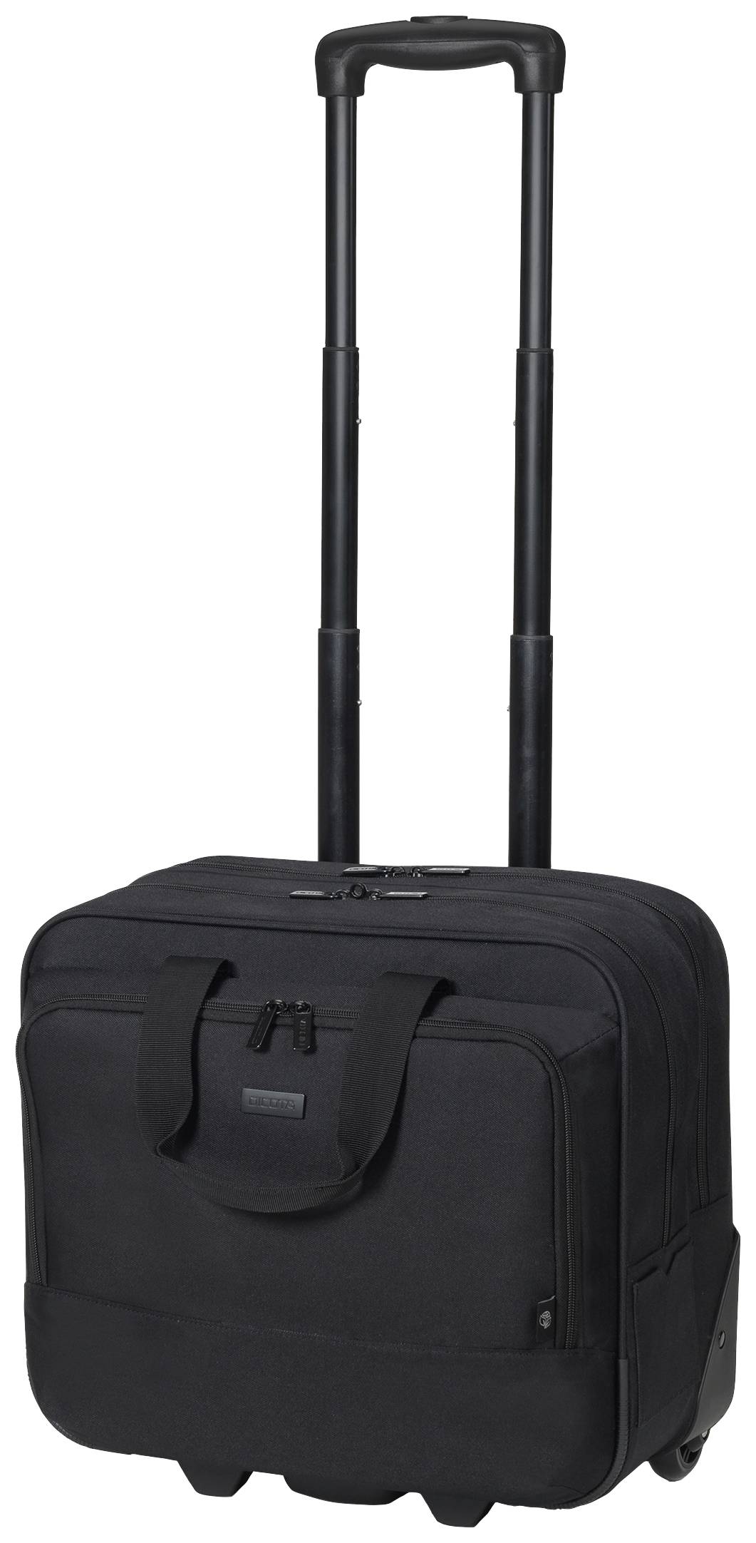 Black trolley with two wheels and an adjustable telescopic handle. Suitable for travellers or business professionals.