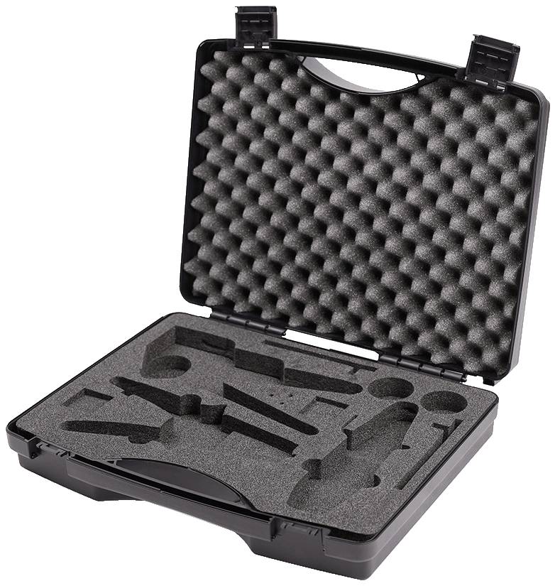 Black plastic case with open lid. Inside are cut-out foam compartments for storing tools.