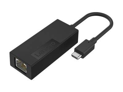 Black Lenovo USB-C to Ethernet adapter. One end has a USB-C plug, the other an Ethernet socket.