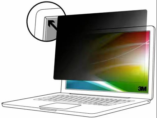 Diagram of a laptop screen with a privacy filter. An enlarged section shows the simple attachment of the filter.