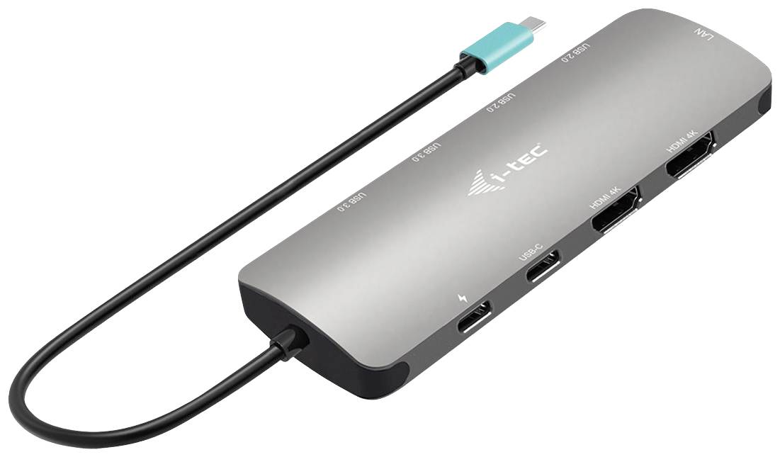 USB-C Docking Station with multiple ports: HDMI, USB, Ethernet, Audio. Connection cable on the left, compact grey design.
