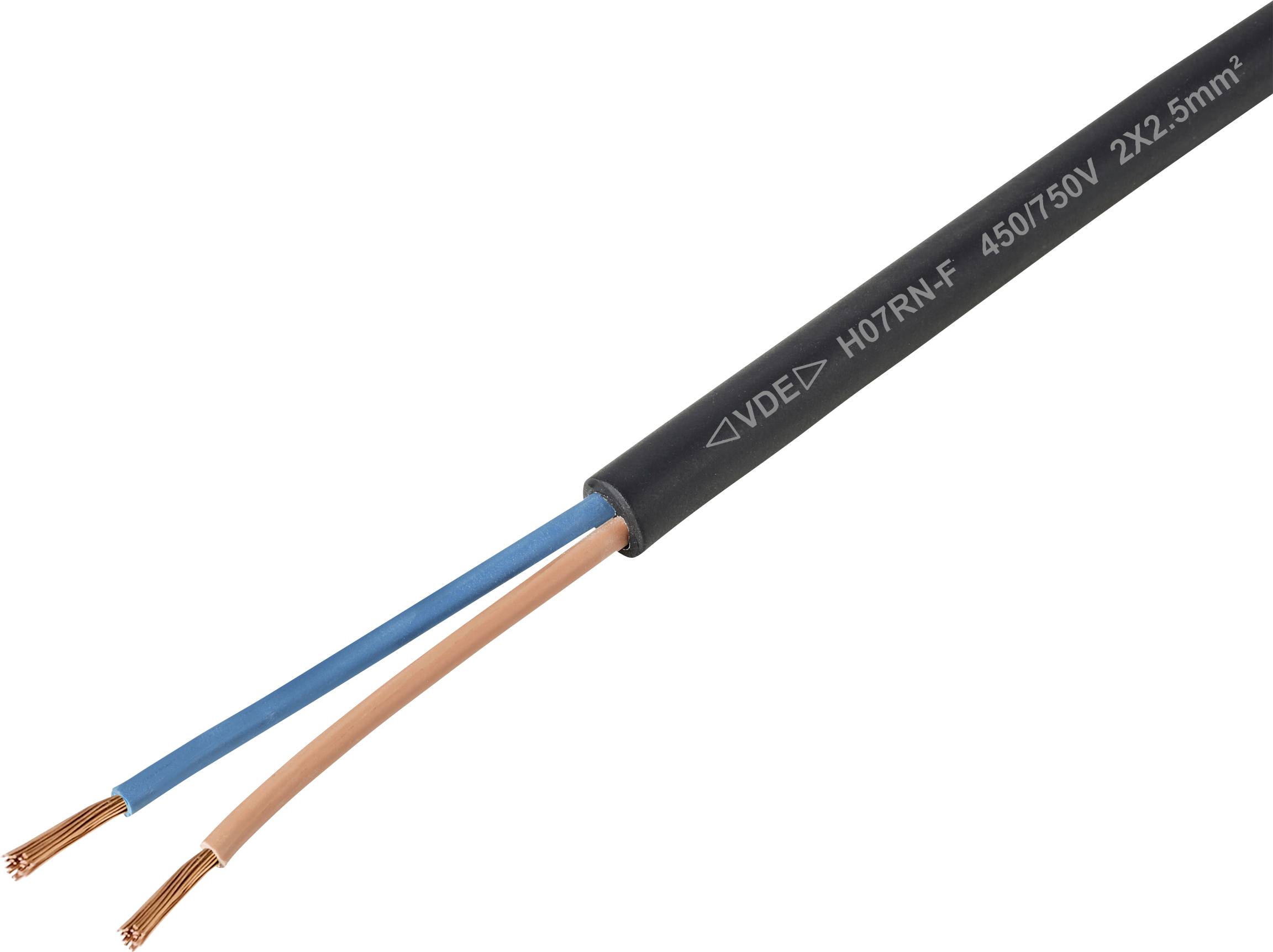 Electrical cable with two exposed copper conductors, one with blue insulation and the other brown. Markings read '450/750V 2x2.5mm²'.