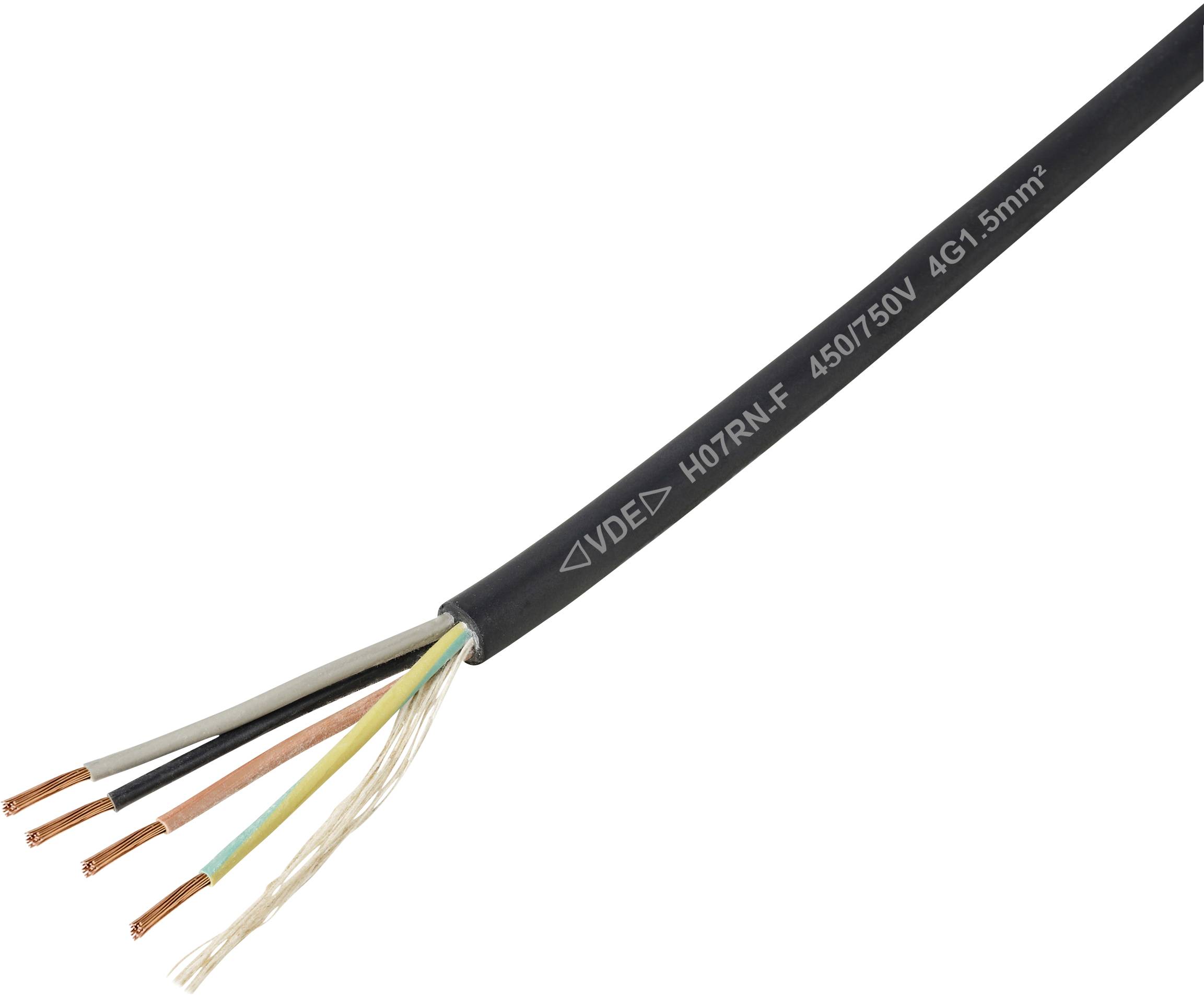 A black electrical cable with multiple exposed copper wires at the end, marked 'H07RN-F 450/750V 4G1.5mm²', used for power connections.