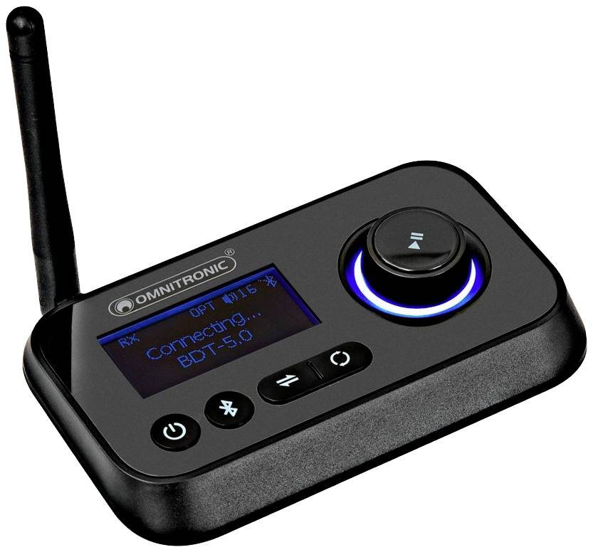 Black audio device with display, showing 'Connecting... BDT-5.0'. Rotary knob with blue illumination and antenna on the left.