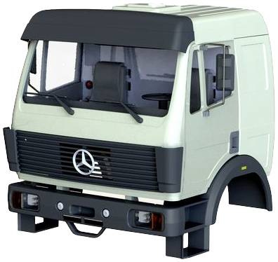 A model of a lorry cabin with visible seats and steering wheel, without wheels and engine.