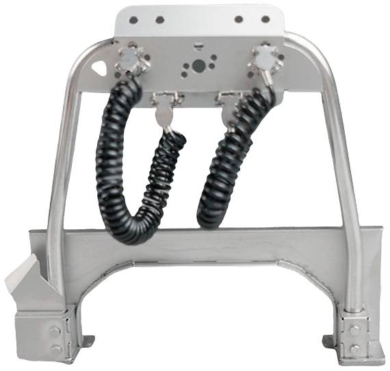 Metallic construction of a vehicle mount with two black spiral cables attached to the top surface.