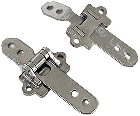 Two silver metal hinges, each with two mounting holes, are lying on a white background.