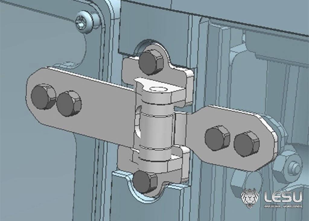 A technical diagram of a hinged connection shows details of the mechanics with screws and bolts.