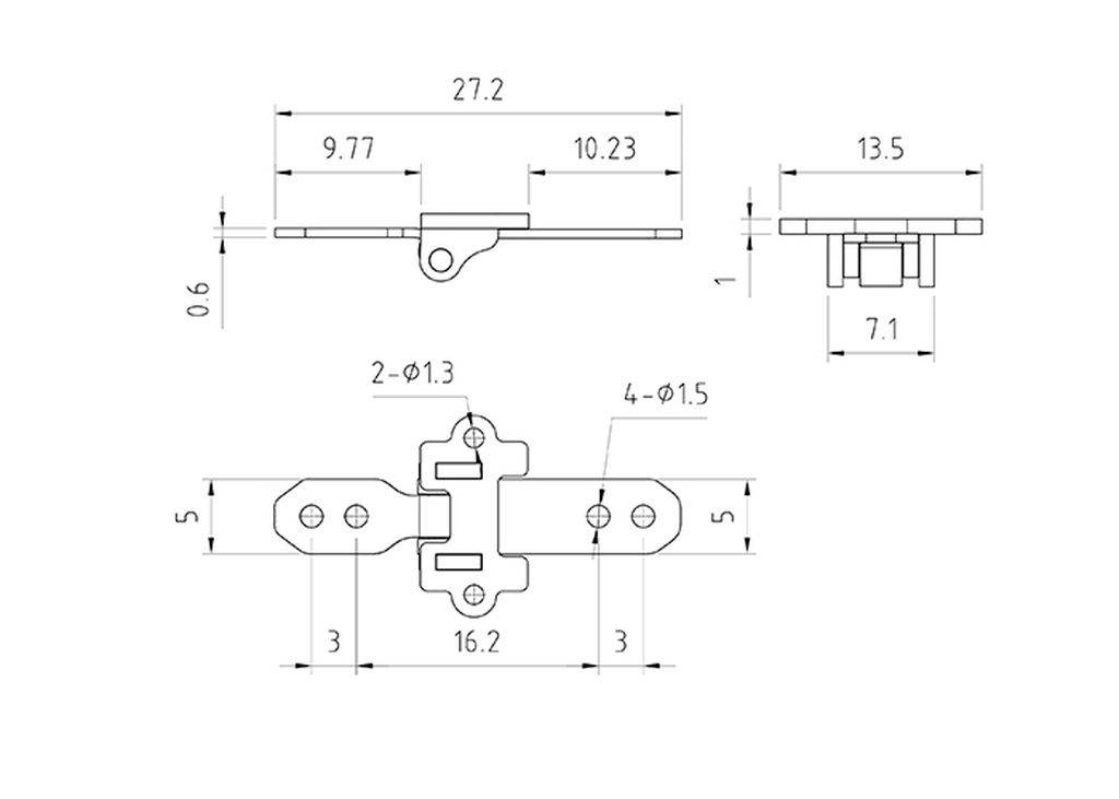Technical drawing of a metal connection with dimensions. Top: Width 27.2, Height 0.6. Middle: Height 1. Bottom: Length 23.2, Width 16.2.