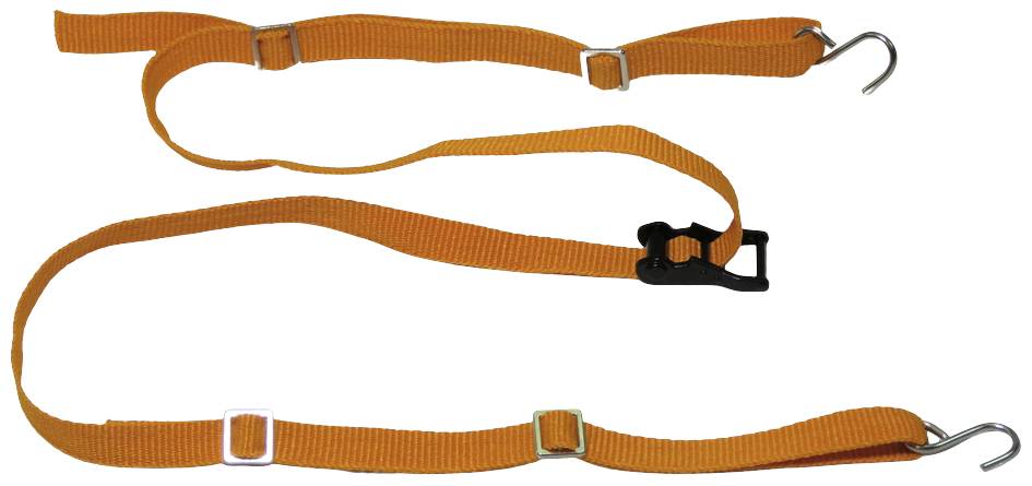 An orange ratchet strap with hook and buckle, used for securing items, on a white background.