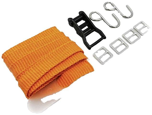 An orange ratchet strap with two metal hooks, a black buckle and three metal loops, commonly used for securing items.