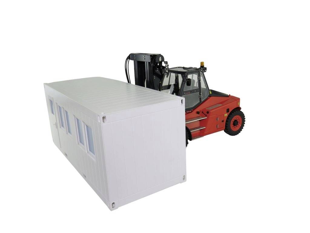 A red forklift is lifting a white container with windows. The forklift is driving to the right.