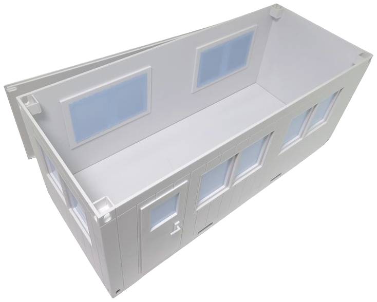 A blank, white model structure with two windows and a door on one long side, possibly representative of a container room.