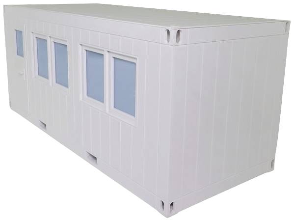 A white container with three windows on one side, suitable as a mobile office or temporary accommodation.