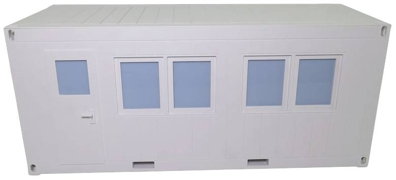 A white container with four rectangular windows and a door, used as a mobile office or storage space.