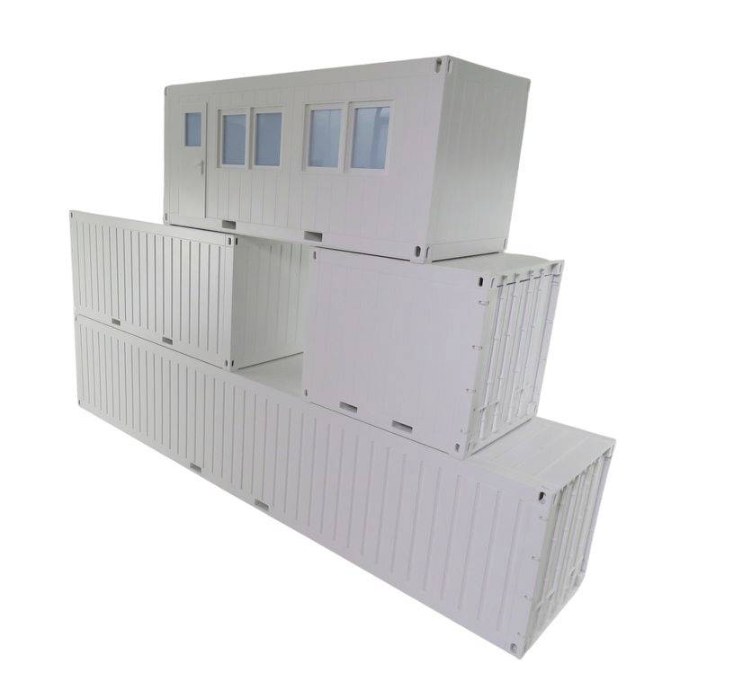 Three stacked shipping containers, with the topmost container having windows and a door. The containers are white and rectangular.