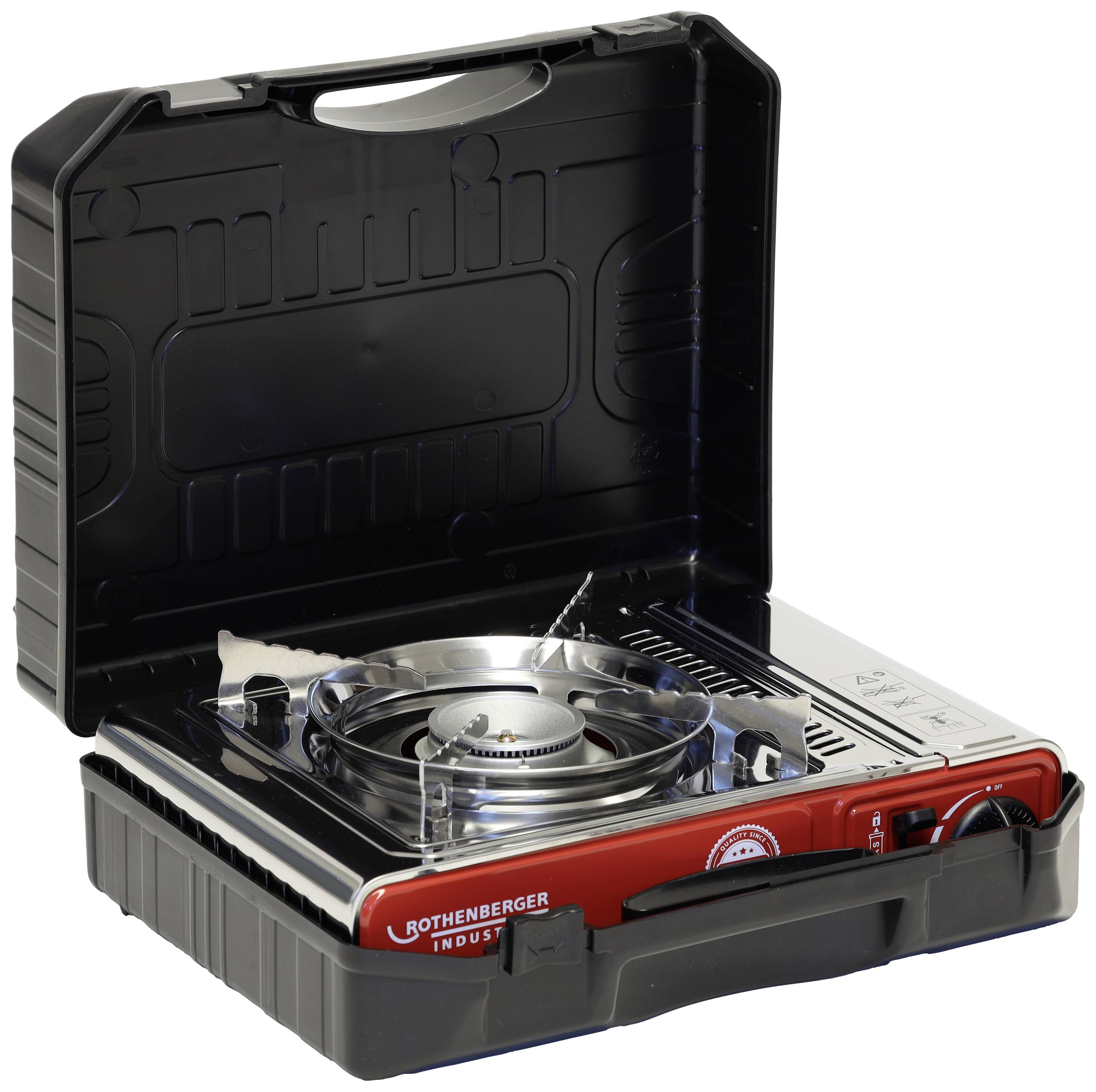 A portable gas stove in an opened black plastic case. The stove has a silver burner and is red and black in colour.