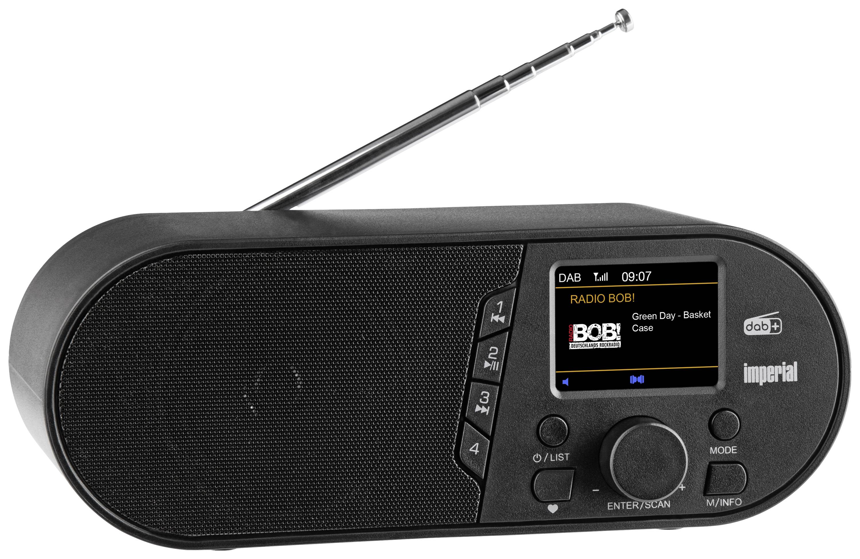 Black DAB+ radio with telescopic antenna, small screen displaying 'RADIO BOB!'. Buttons for station selection and volume.