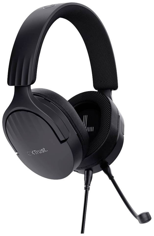 Black over-ear headset with microphone, suitable for gaming or phone calls. Marking displays 'Trust' logo on the earcup.