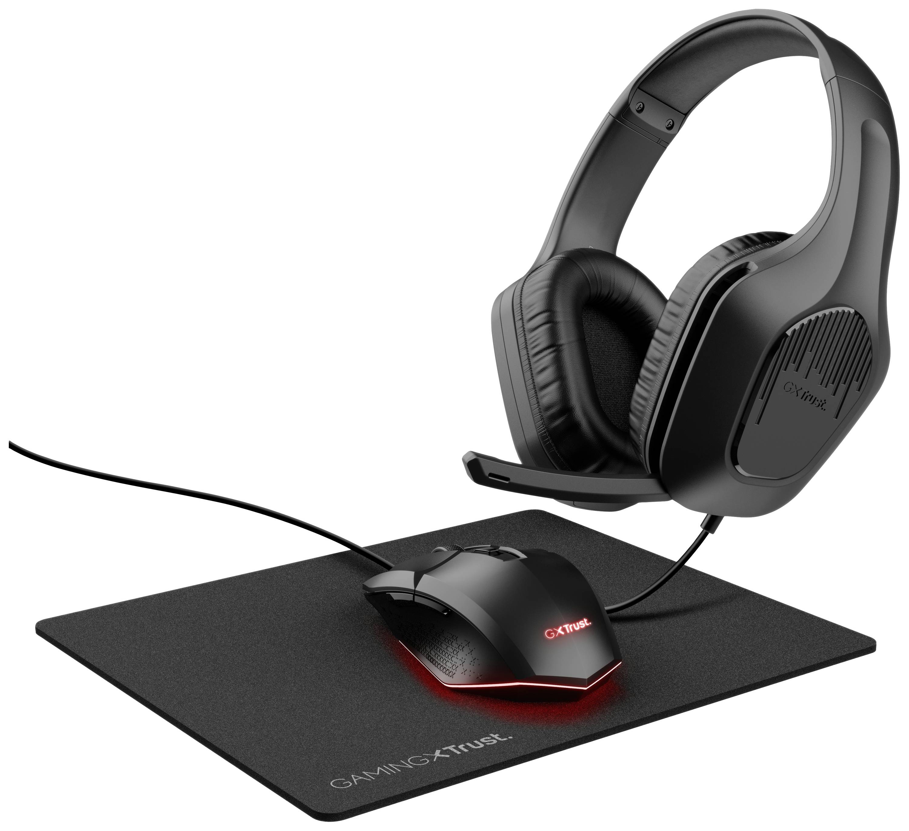 Gaming headset with microphone, black mouse with red light and mouse pad. Ideal for PC gaming setups, focused on audio and precision.