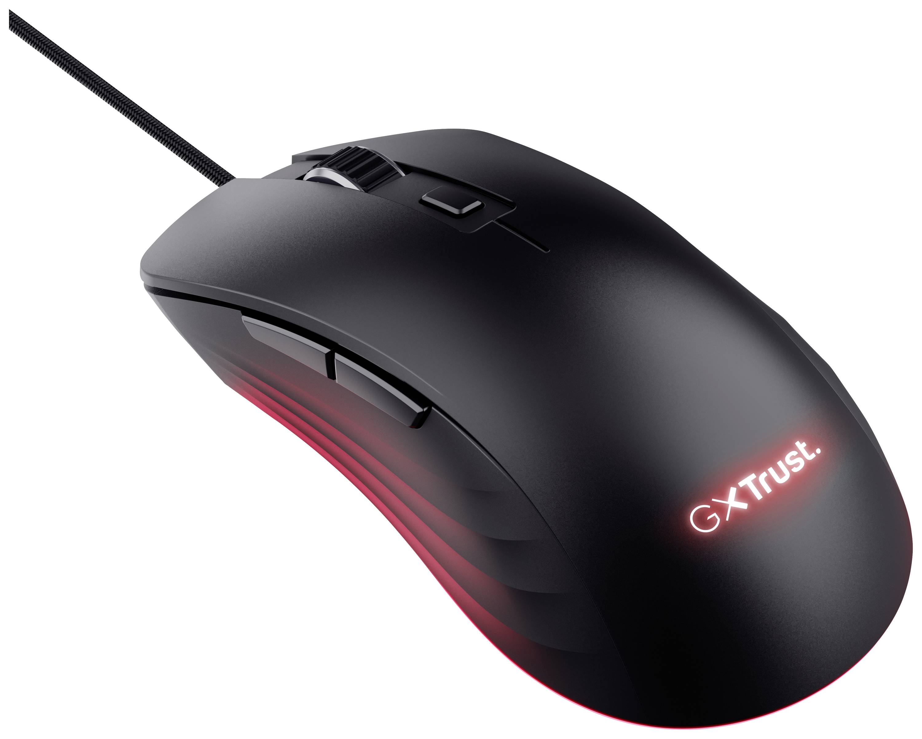 Black gaming mouse with illuminated 'GXT Trust' logo on the top surface, a cable and additional side buttons.