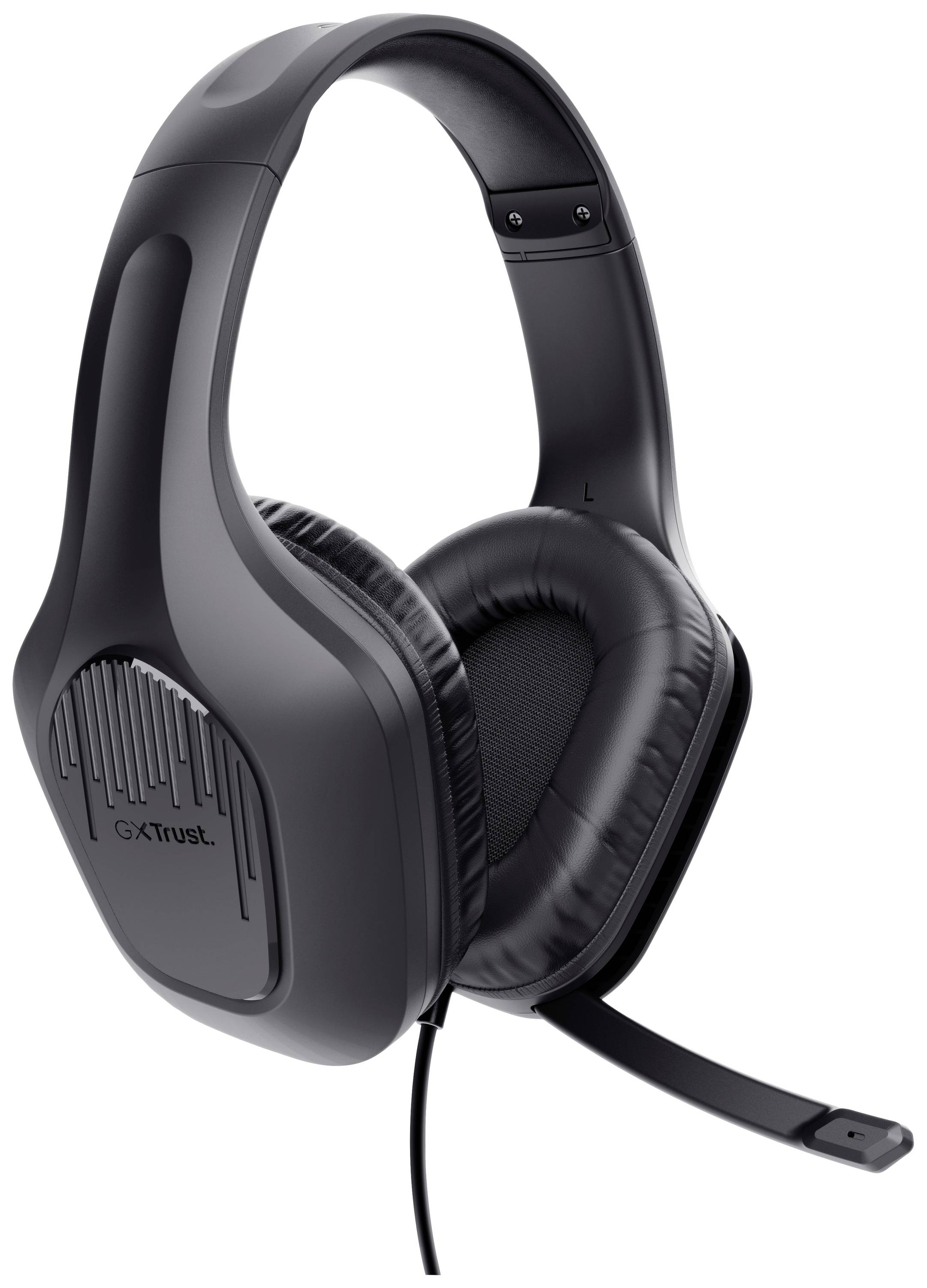 Black gaming headset with integrated microphone, thick padded ear cups for comfort, suitable for extended gaming sessions.