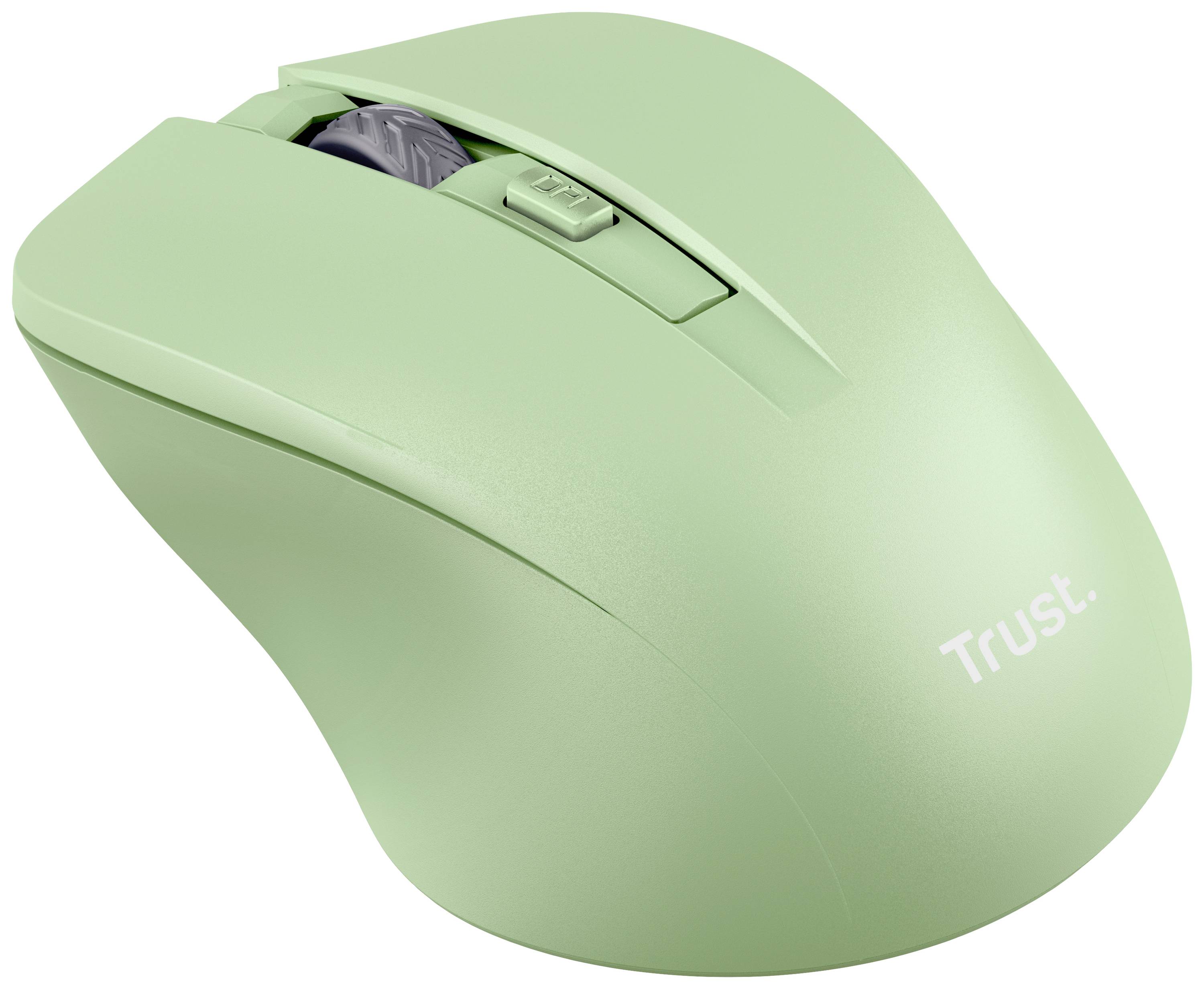Wireless computer mouse in pastel green with scroll wheel and left-side button. 'Trust' brand name printed.