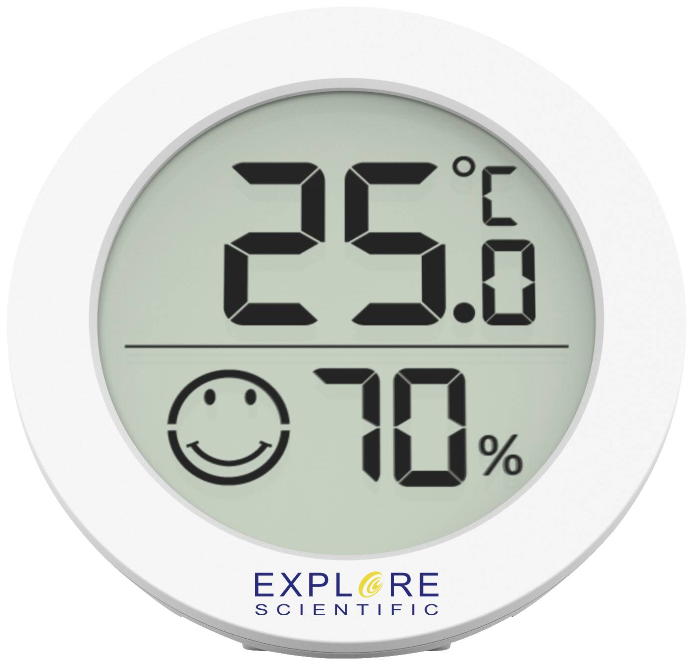 Digital display of a thermometer and hygrometer: 25 degrees Celsius, 70 percent humidity, with a smiley face symbol.