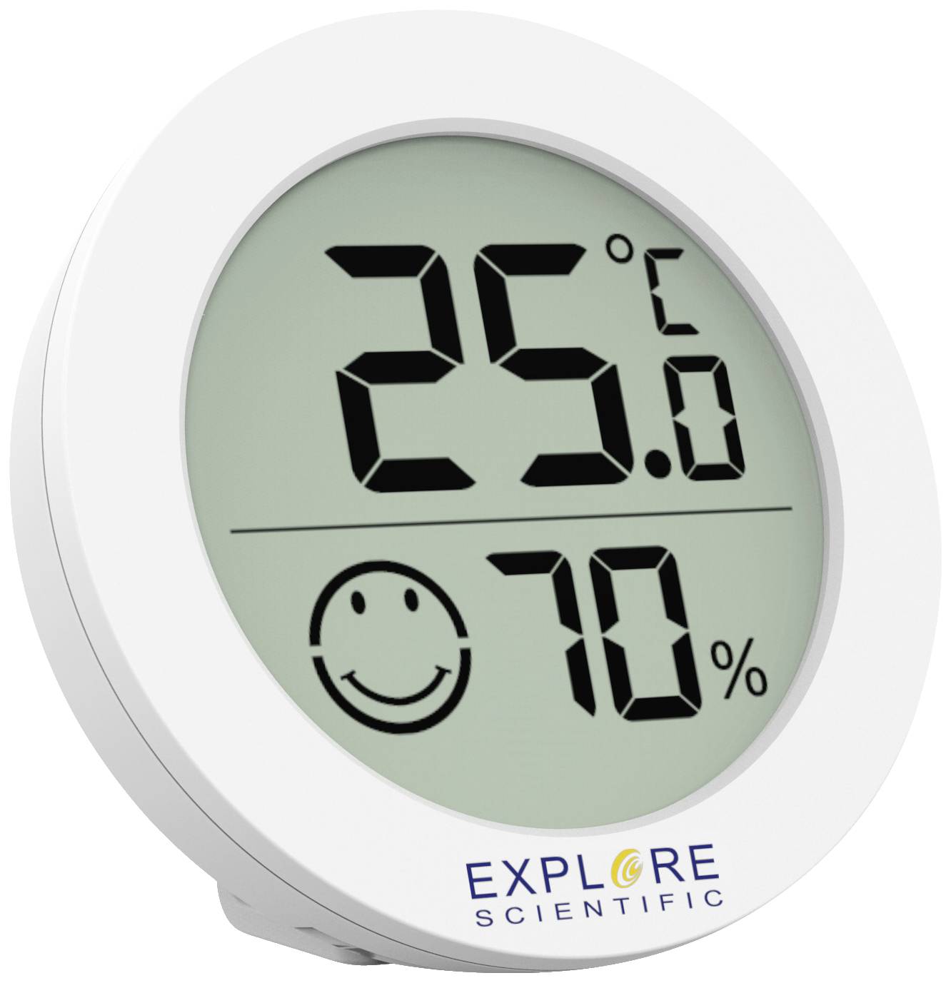Digital thermometer shows '25°C' and hygrometer displays '70%' with a smiley face on the screen.