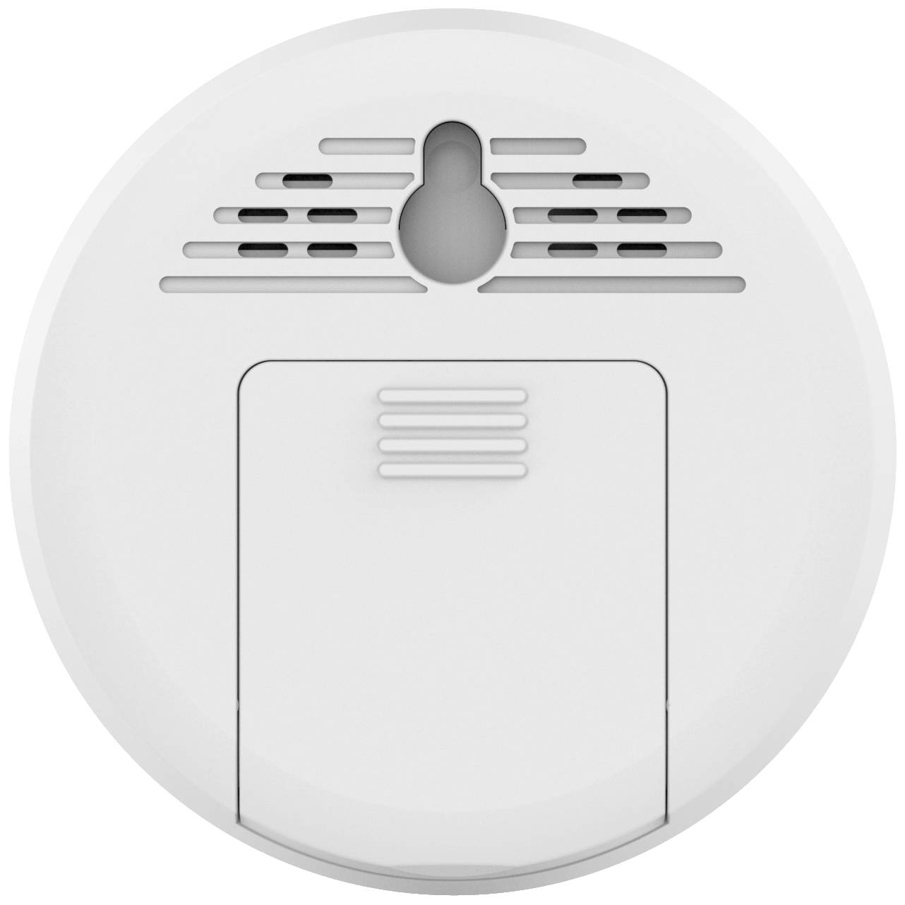 Runder, weißer Rauchmelder mit Lüftungsschlitzen und Batteriefach. Schützt durch Erkennung von Rauchentwicklung im Raum.