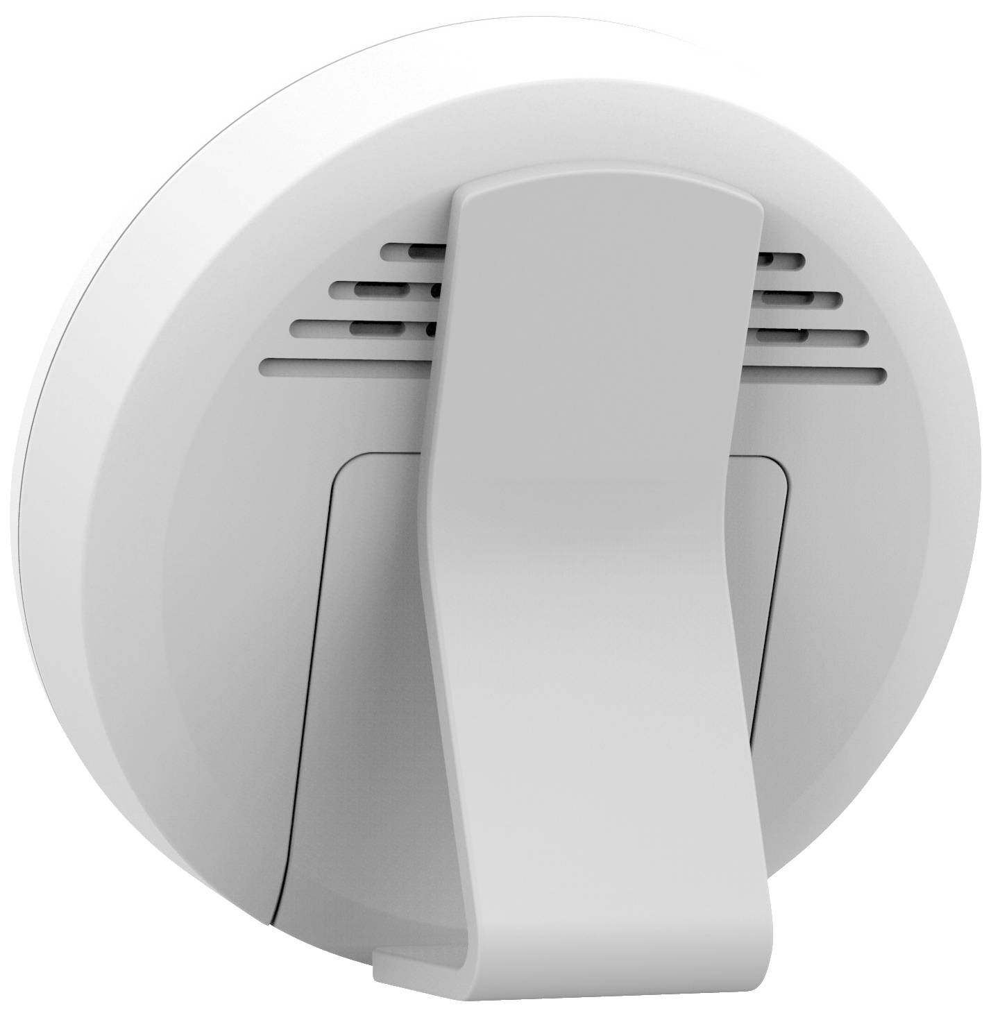 A white, round Wi-Fi smoke detector with wall mounting bracket.