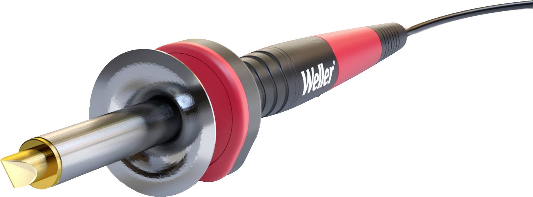 Soldering iron with a red handle and black cable, metal tip, 'Weller' brand. Used for electrical tool work.