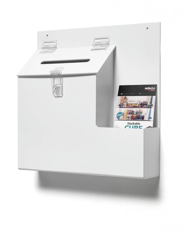 White brochure box mounted on the wall, contains a booklet titled 'Stackable Guide' in a compartment next to the letter slot.