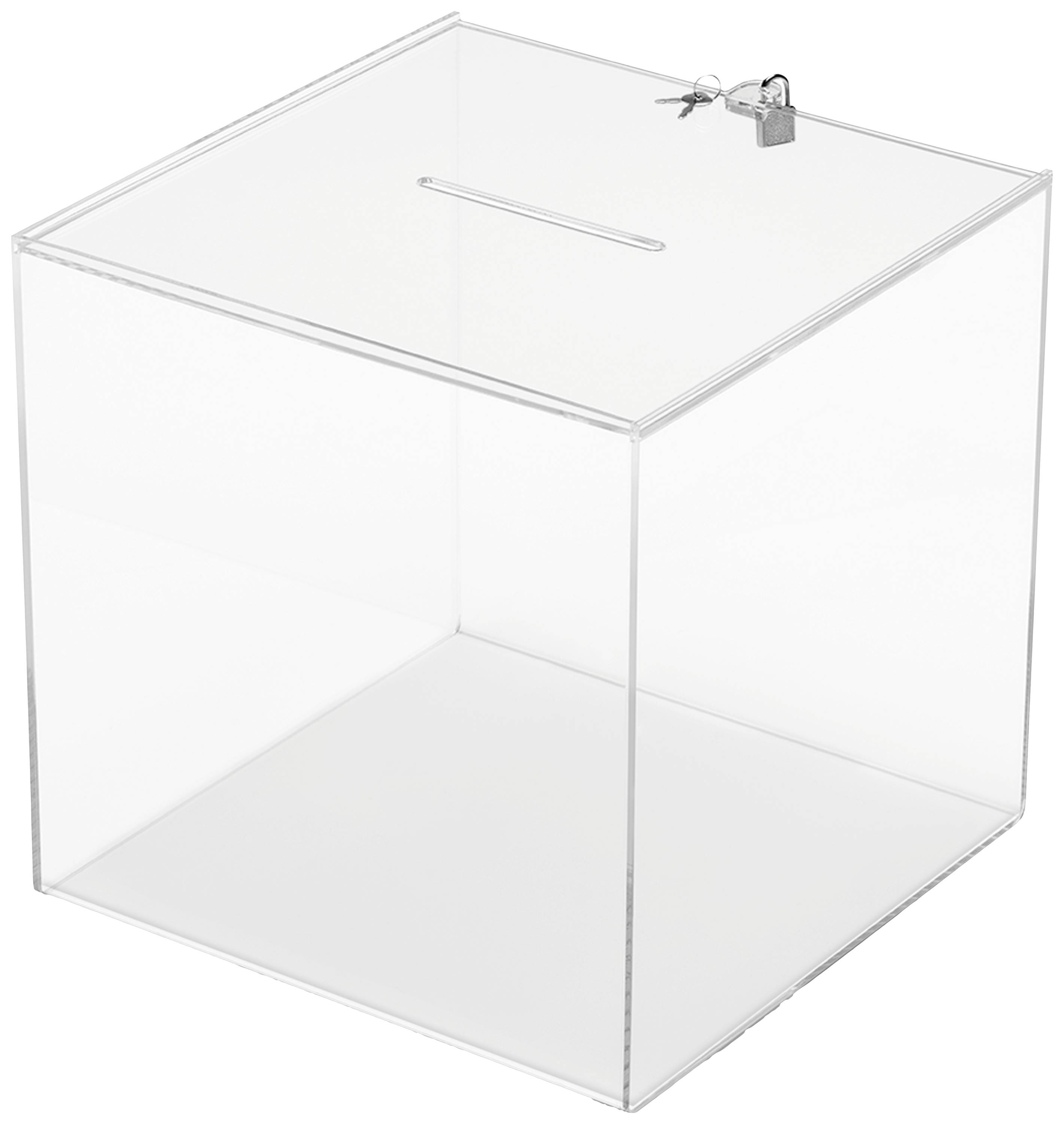 Transparent collection box with a lock on the top and a slot for inserting notes or donations.