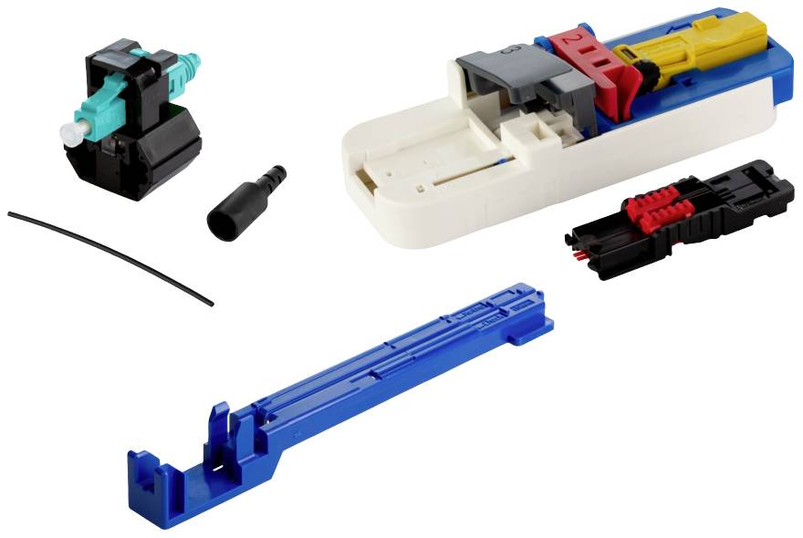 A construction kit with various plastic parts in different colours, including a blue tool and a black adapter.