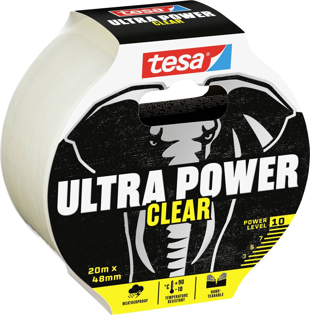 Clear adhesive tape with 'Ultra Power Clear' branding. Features include power level 10, 20m x 48mm size, weatherproof, and tearable.