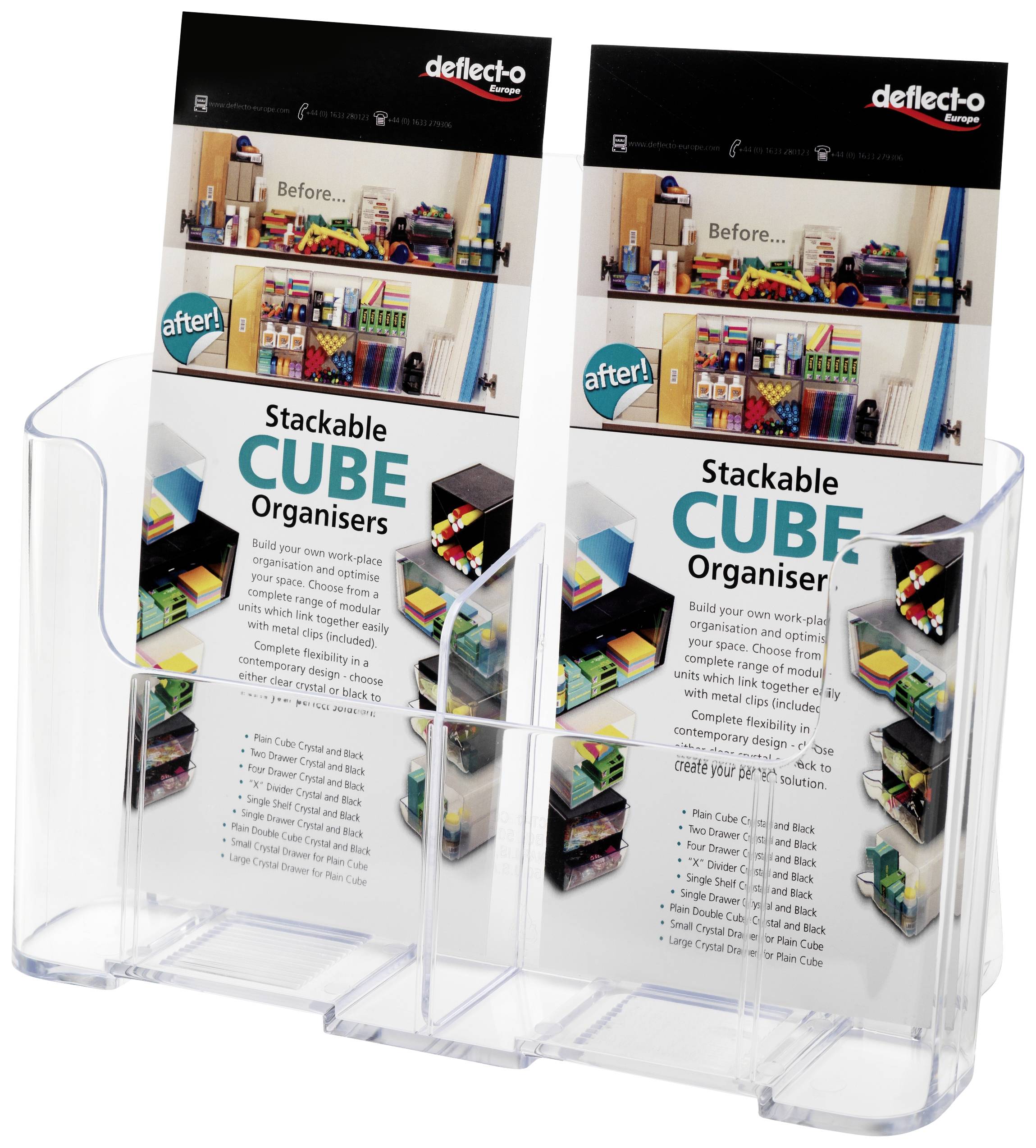 Two brochure holders with brochures about 'Stackable CUBE Organisers'. Top photos showing desks before and after using organisers.