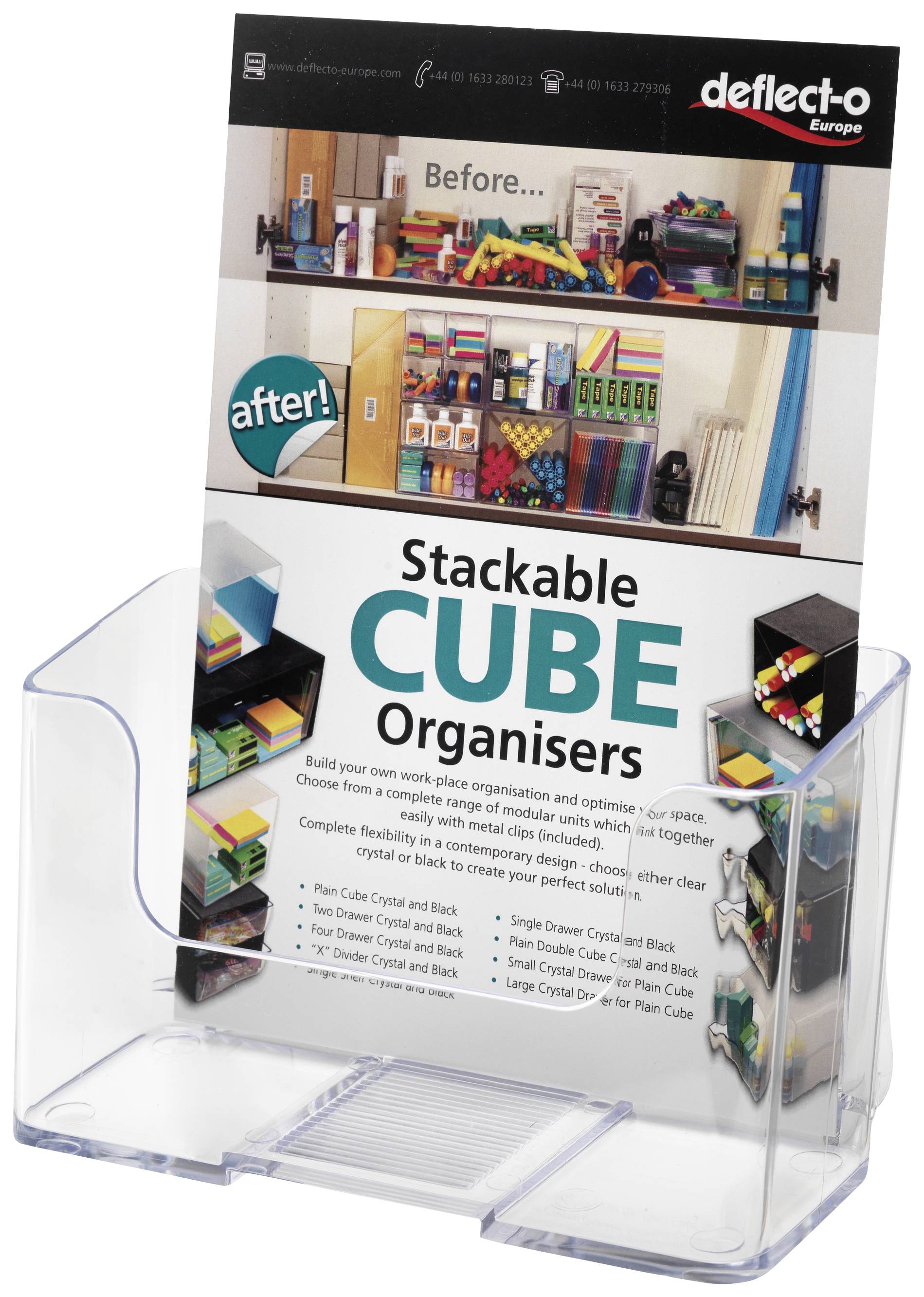 A transparent brochure stand displays a leaflet with the title 'Stackable Cube Organisers', comparing organisers before and after use.