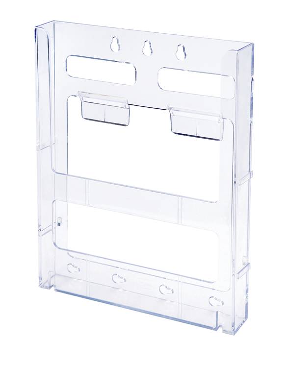 Transparent acrylic brochure holder with two compartments, suitable for wall mounting. Ideal for displaying leaflets or brochures.