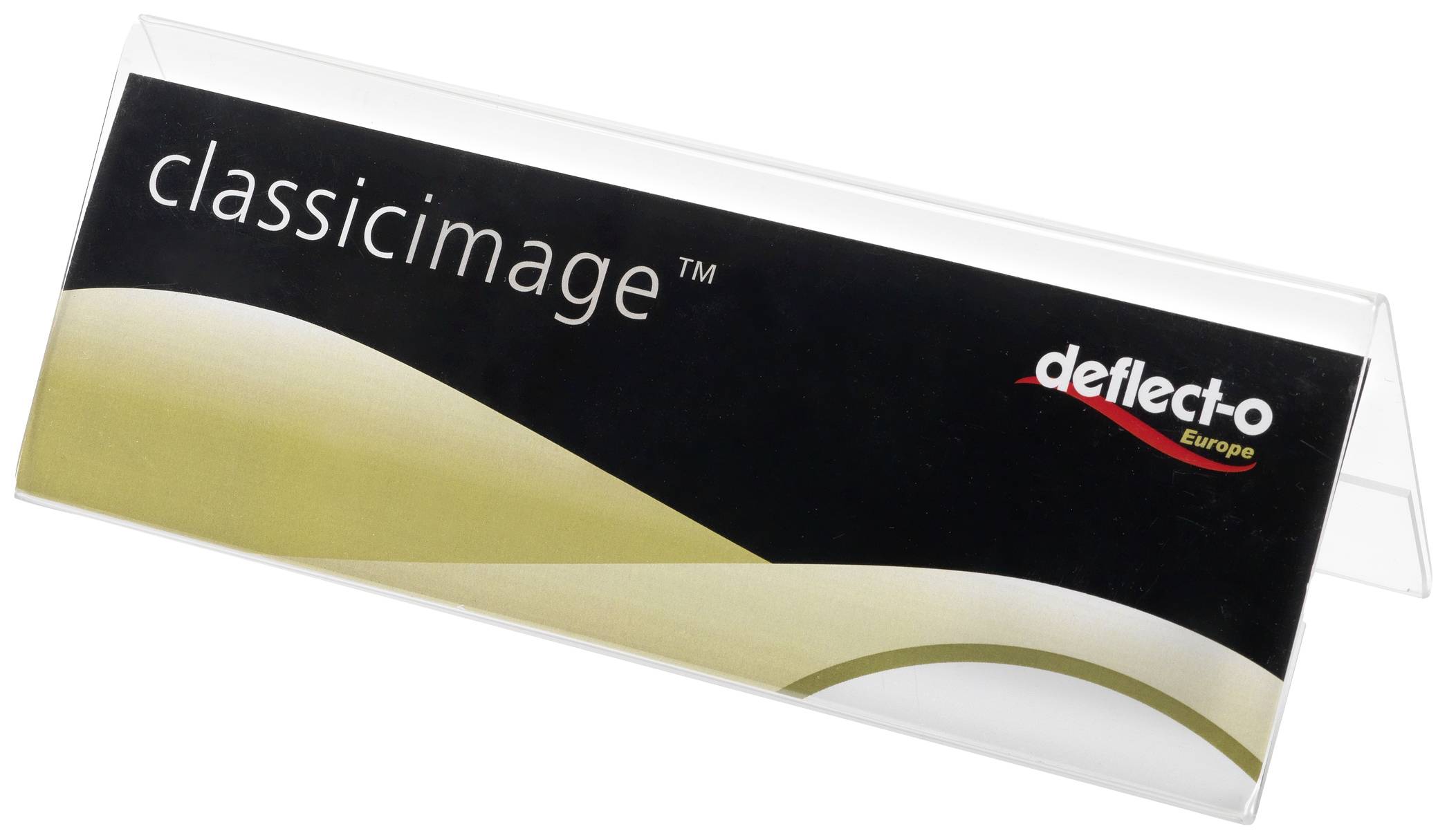 Clear plastic table-top display stand. Brand print 'classicimage' and 'deflect-o Europe'. Suitable for name plates or information.